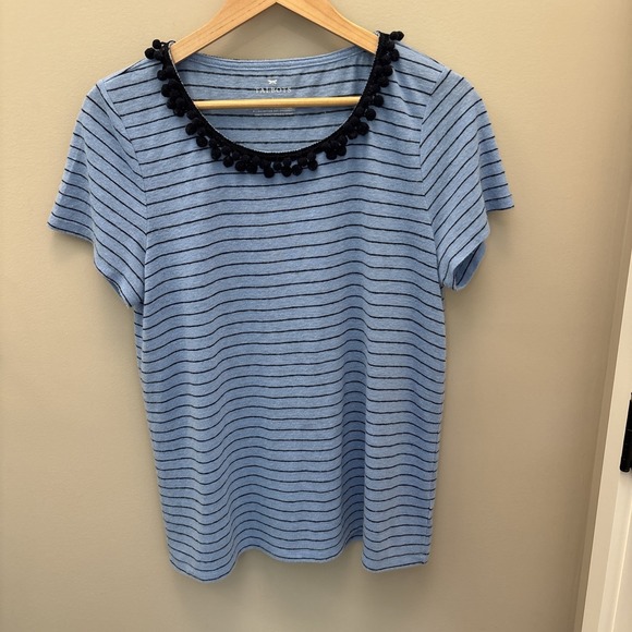 Talbots Tops - Talbots Linen Blend T-shirt Size Large Blue Crochet Pom Poms Trim Scoop Neck Tee